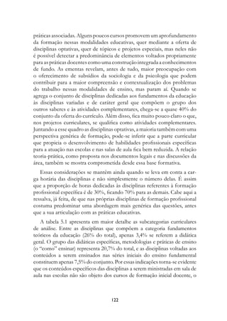 práticas associadas. Alguns poucos cursos promovem um aprofundamento
da formação nessas modalidades educativas, quer mediante a oferta de
disciplinas optativas, quer de tópicos e projetos especiais, mas neles não
é possível detectar a predominância de elementos voltados propriamente
para as práticas docentes como uma construção integrada a conhecimentos
de fundo. As ementas revelam, antes de tudo, maior preocupação com
o oferecimento de subsídios da sociologia e da psicologia que podem
contribuir para a maior compreensão e contextualização dos problemas
do trabalho nessas modalidades de ensino, mas param aí. Quando se
agrega o conjunto de disciplinas dedicadas aos fundamentos da educação
às disciplinas variadas e de caráter geral que compõem o grupo dos
outros saberes e às atividades complementares, chega-se a quase 40% do
conjunto da oferta do currículo. Além disso, fica muito pouco claro o que,
nos projetos curriculares, se qualifica como atividades complementares.
Juntando a esse quadro as disciplinas optativas, a maioria também com uma
perspectiva genérica de formação, pode-se inferir que a parte curricular
que propicia o desenvolvimento de habilidades profissionais específicas
para a atuação nas escolas e nas salas de aula fica bem reduzida. A relação
teoria-prática, como proposta nos documentos legais e nas discussões da
área, também se mostra comprometida desde essa base formativa.
   Essas considerações se mantêm ainda quando se leva em conta a car-
ga horária das disciplinas e não simplesmente o número delas. É assim
que a proporção de horas dedicadas às disciplinas referentes à formação
profissional específica é de 30%, ficando 70% para as demais. Cabe aqui a
ressalva, já feita, de que nas próprias disciplinas de formação profissional
costuma predominar uma abordagem mais genérica das questões, antes
que a sua articulação com as práticas educativas.
   A tabela 5.1 apresenta em maior detalhe as subcategorias curriculares
de análise. Entre as disciplinas que compõem a categoria fundamentos
teóricos da educação (26% do total), apenas 3,4% se referem a didática
geral. O grupo das didáticas específicas, metodologias e práticas de ensino
(o “como” ensinar) representa 20,7% do total, e as disciplinas voltadas aos
conteúdos a serem ensinados nas séries iniciais do ensino fundamental
constituem apenas 7,5% do conjunto. Por essas indicações torna-se evidente
que os conteúdos específicos das disciplinas a serem ministradas em sala de
aula nas escolas não são objeto dos cursos de formação inicial docente, o



                                    122
 