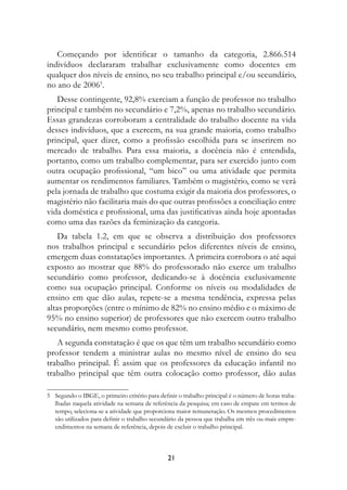 Começando por identificar o tamanho da categoria, 2.866.514
indivíduos declararam trabalhar exclusivamente como docentes em
qualquer dos níveis de ensino, no seu trabalho principal e/ou secundário,
no ano de 20065.
   Desse contingente, 92,8% exerciam a função de professor no trabalho
principal e também no secundário e 7,2%, apenas no trabalho secundário.
Essas grandezas corroboram a centralidade do trabalho docente na vida
desses indivíduos, que a exercem, na sua grande maioria, como trabalho
principal, quer dizer, como a profissão escolhida para se inserirem no
mercado de trabalho. Para essa maioria, a docência não é entendida,
portanto, como um trabalho complementar, para ser exercido junto com
outra ocupação profissional, “um bico” ou uma atividade que permita
aumentar os rendimentos familiares. Também o magistério, como se verá
pela jornada de trabalho que costuma exigir da maioria dos professores, o
magistério não facilitaria mais do que outras profissões a conciliação entre
vida doméstica e profissional, uma das justificativas ainda hoje apontadas
como uma das razões da feminização da categoria.
    Da tabela 1.2, em que se observa a distribuição dos professores
nos trabalhos principal e secundário pelos diferentes níveis de ensino,
emergem duas constatações importantes. A primeira corrobora o até aqui
exposto ao mostrar que 88% do professorado não exerce um trabalho
secundário como professor, dedicando-se à docência exclusivamente
como sua ocupação principal. Conforme os níveis ou modalidades de
ensino em que dão aulas, repete-se a mesma tendência, expressa pelas
altas proporções (entre o mínimo de 82% no ensino médio e o máximo de
95% no ensino superior) de professores que não exercem outro trabalho
secundário, nem mesmo como professor.
   A segunda constatação é que os que têm um trabalho secundário como
professor tendem a ministrar aulas no mesmo nível de ensino do seu
trabalho principal. É assim que os professores da educação infantil no
trabalho principal que têm outra colocação como professor, dão aulas

5 Segundo o IBGE, o primeiro critério para definir o trabalho principal é o número de horas traba-
  lhadas naquela atividade na semana de referência da pesquisa; em caso de empate em termos de
  tempo, seleciona-se a atividade que proporciona maior remuneração. Os mesmos procedimentos
  são utilizados para definir o trabalho secundário da pessoa que trabalha em três ou mais empre-
  endimentos na semana de referência, depois de excluir o trabalho principal.



                                               21
 