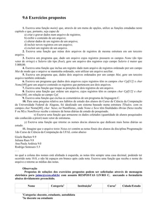 9.6 Exercícios propostos
1. Escreva uma função main() que, através de um menu de opções, utilize as funções estudadas neste
capítulo e que, portanto, seja capaz de
a) criar e gravar dados num arquivo de registros;
b) exibir o conteúdo de um arquivo;
c) alterar dados de um registro de um arquivo;
d) incluir novos registros em um arquivo;
e) excluir um registro de um arquivo.
2. Escreva uma função que reúna dois arquivos de registros de mesma estrutura em um terceiro
arquivo.
3. Escreva um programa que, dado um arquivo cujos registros possuem os campos Nome (do tipo
vetor de strings) e Salario (do tipo float), gere um arquivo dos registros cujo campo Salario é maior que
5.000,00.
4. Escreva uma função que inclua um registro dado num arquivo de registros ordenado por um campo
Mat de modo que o arquivo se mantenha ordenado, sem utilizar um arquivo auxiliar.
5. Escreva um programa que, dados dois arquivos ordenados por um campo Mat, gere um terceiro
arquivo também ordenado.
6. Escreva um programa que dados dois arquivos cujos registros têm os campos char Cpf[12] e char
Nome[40] gere um arquivo contendo os registros que pertencem aos dois arquivos.
7. Escreva uma função que troque as posições de dois registros de um arquivo.
8. Escreva uma função que ordene um arquivo, cujos registros têm os campos char Cpf[12] e char
Nome[40], em relação ao campo Cpf.
9. Escreva uma função que exclua os comentários de um programa da linguagem C.
10. Para uma pesquisa relativa aos hábitos de estudo dos alunos do Curso de Ciência da Computação
da Universidade Federal de Alagoas, foi idealizado um sistema baseado numa estrutura TDados, com os
campos char Nome[40]; char Sexo; int NumHoras;, onde Nome e Sexo têm finalidades óbvias (Sexo recebe
F ou M) e NumHoras recebe o número de horas diárias de estudo do pesquisado.
x) Escreva uma função que armazene os dados coletados (quantidade de alunos pesquisados
não conhecido a priori) num vetor de estruturas.
y) Escreva uma função que retorne os nomes dos/as alunos/as que dedicam mais horas diárias ao
estudo.
11. Imagine que o arquivo texto Notas.txt contém as notas finais dos alunos da disciplina Programação
1do Curso de Ciência da Computação da UFAL como abaixo
Gisele Bachen 9.9
Juliana Raes 9.8
Ana Paula Ardósia 9.0
Rodrigo Sentouro 5.5
. . .
no qual a coluna dos nomes está alinhada à esquerda, as notas têm sempre uma casa decimal, podendo ter
ocorrido nota 10.0, e não há espaços em branco após cada nota. Escreva uma função que receba o nome do
arquivo e retorne as médias das notas.
Observação
Propostas de soluções dos exercícios propostos podem ser solicitadas através de mensagem
eletrônica para jaime@ccen.ufal.br com assunto RESPOSTAS LIVRO C, anexando o formulário
abaixo devidamente preenchido.
Nome Categoria1
Instituição2
Curso2
Cidade/Estado
1
Categoria: docente, estudante, autodidata
2
Se docente ou estudante
 