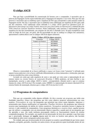 O código ASCII
Para que haja a possibilidade da comunicação do homem com o computador, é necessário que as
palavras da linguagem escrita sejam traduzidas para a linguagem de máquina e vice-versa. Para que isto seja
possível, é necessário que se estabeleça qual a sequência de bit's que corresponde a cada caractere usado na
linguagem escrita. Ou seja, é necessário que se estabeleça uma codificação em sequência de bit's para cada
um dos caracteres. Uma codificação muito utilizada é o código ASCII (American Standard Code for
Information Interchange ou Código Padrão Americano para Intercâmbio de Informações), estabelecido pelo
ANSI (American National Standards Institute). Nesta codificação, cada caractere é representado por uma
sequência de oito bits (normalmente, um conjunto de oito bit's é chamado byte). Só para exemplificar (será
visto ao longo do livro que, em geral, não há necessidade de que se conheça os códigos dos caracteres),
apresentamos a tabela abaixo com os códigos ASCII de alguns caracteres.
Tabela 1 Códigos ASCII de alguns caracteres
Caractere Código ASCII
Espaço em branco 00100000
! 00100001
" 00100010
. . . . . .
0 00110000
1 00110001
. . . . . .
A 01000001
B 01000010
. . . . . .
Z 01011010
. . . . . .
a 01100001
. . . . ..
Observe a necessidade de se haver codificado o espaço em branco (este "caractere" é utilizado para
separar nossas palavras) e de se haver codificado diferentemente as letras maiusculas e minúsculas, para que
se possa considerá-las como coisas distintas.
Levando em conta que cada sequência de zeros e uns pode ser vista como a representação de um
número inteiro no sistema binário de numeração [Evaristo, J 2002], podemos, até para facilitar a sua
manipulação, associar a cada código ASCII o inteiro correspondente, obtendo assim o que se costuma
chamar de código ASCII decimal. Por exemplo, como 1000001 é a representação do número (decimal) 65 no
sistema binário de numeração, dizemos que o código ASCII decimal de A é 65.
1.3 Programas de computadores
Para que um computador tenha alguma utilidade, ele deve executar um programa que tenha uma
finalidade específica. Games são programas que têm como objetivo propiciar entretenimento aos seus
usuários. Processadores de texto são programas que permitem que textos sejam digitados, impressos e
armazenados para futuras modificações ou impressões. Planilhas eletrônicas são programas que oferecem
recursos para manipulação de tabelas de valores numéricos. Navegadores permitem acessos a páginas da
internet, a rede mundial de computadores. Estes programas destinam-se a usuários finais, aquelas pessoas
que vão utilizar o computador com um determinado objetivo específico, usando para tal um programa que
ela aprendeu a usar, não tendo nenhuma preocupação relativa ao funcionamento interno do sistema
computador/programa. Por exemplo, um usuário de um processador de texto deve aprender o que fazer para
que o processador destaque em negrito alguma parte do texto ou localize uma palavra, não havendo
necessidade de saber como o programa realiza estas ações.
Na verdade, para que um processador de texto propicie ao usuário a possibilidade de que textos sejam
digitados, corrigidos, gravados, inseridos em outros textos e de que palavras sejam localizadas dentro de um
 