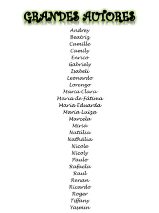 Andrey
Beatriz
Camille
Camily
Enrico
Gabriely
Isabeli
Leonardo
Lorenzo
Maria Clara
Maria de Fátima
Maria Eduarda
Maria Luiza
Marcela
Miriã
Natália
Nathália
Nicole
Nicoly
Paulo
Rafaela
Raul
Renan
Ricardo
Roger
Tiffany
Yasmin

 