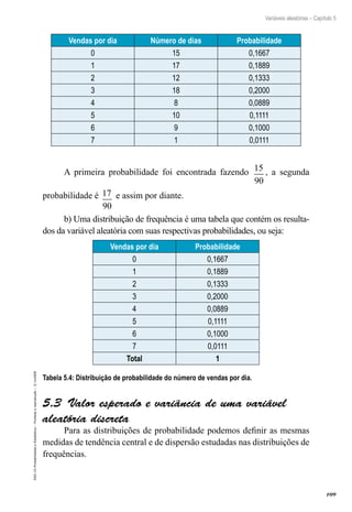 109
Variáveis aleatórias – Capítulo 5
EAD-15-Probabilidade
e
Estatística
–
Proibida
a
reprodução
–
©
UniSEB
Vendas por dia Número de dias Probabilidade
0 15 0,1667
1 17 0,1889
2 12 0,1333
3 18 0,2000
4 8 0,0889
5 10 0,1111
6 9 0,1000
7 1 0,0111
A primeira probabilidade foi encontrada fazendo 15
90
, a segunda
probabilidade é 17
90
e assim por diante.
b) Uma distribuição de frequência é uma tabela que contém os resulta-
dos da variável aleatória com suas respectivas probabilidades, ou seja:
Vendas por dia Probabilidade
0 0,1667
1 0,1889
2 0,1333
3 0,2000
4 0,0889
5 0,1111
6 0,1000
7 0,0111
Total 1
Tabela 5.4: Distribuição de probabilidade do número de vendas por dia.
5.3  Valor esperado e variância de uma variável
aleatória discreta
Para as distribuições de probabilidade podemos definir as mesmas
medidas de tendência central e de dispersão estudadas nas distribuições de
frequências.
 