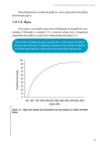 23
Introdução à Estatística: Análise exploratória de dados – Capítulo 1
EAD-15-Probabilidade
e
Estatística
–
Proibida
a
reprodução
–
©
UniSEB
Para finalizarmos o estudo de gráficos, vamos apresentar um gráfico
denominado ogiva.
1.4.1.6  Ogiva
Uma ogiva é um gráfico para uma distribuição de frequências acu-
muladas. Utilizando o exemplo 1.5, a terceira coluna traz a frequência
acumulada dos dados e a ogiva fica representada pela figura 1.6.
Para construir um gráfico de ogiva, devemos usar o limite superior de cada in-
tervalo no eixo horizontal e a frequência acumulada no eixo vertical. A frequência
acumulada relacionada com o limite inferior da primeira classe é sempre zero.
100
90
80
70
60
50
40
30
20
10
0
400 800 1200 1600 2000 2400
Salário (R$)
Frequência
Acumulada
2800 3200 3600 4000 4400 4800
Figura 1.6 – Ogiva dos salários dos funcionários de uma empresa no interior de Minas
Gerais.
 