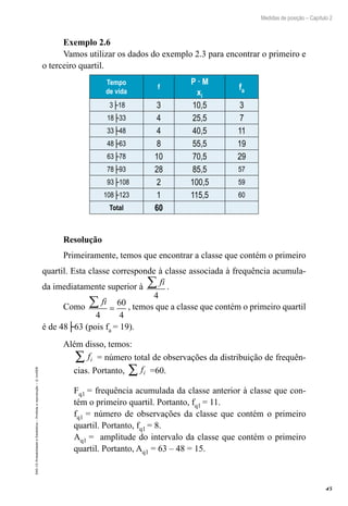 45
Medidas de posição – Capítulo 2
EAD-15-Probabilidade
e
Estatística
–
Proibida
a
reprodução
–
©
UniSEB
Exemplo 2.6
Vamos utilizar os dados do exemplo 2.3 para encontrar o primeiro e
o terceiro quartil.
Tempo
de vida
f
P · M
xi
fa
3├18 3 10,5 3
18├33 4 25,5 7
33├48 4 40,5 11
48├63 8 55,5 19
63├78 10 70,5 29
78├93 28 85,5 57
93├108 2 100,5 59
108├123 1 115,5 60
Total 60
Resolução
Primeiramente, temos que encontrar a classe que contém o primeiro
quartil. Esta classe corresponde à classe associada à frequência acumula-
da imediatamente superior à
fi
∑
4
.
Como
fi
∑ =
4
60
4
, temos que a classe que contém o primeiro quartil
é de 48├63 (pois fa = 19).
Além disso, temos:
fi
∑ = número total de observações da distribuição de frequên-
cias. Portanto, fi
∑ =60.
Fq1 = frequência acumulada da classe anterior à classe que con-
tém o primeiro quartil. Portanto, fq1 = 11.
fq1 = número de observações da classe que contém o primeiro
quartil. Portanto, fq1 = 8.
Aq1 = amplitude do intervalo da classe que contém o primeiro
quartil. Portanto, Aq1 = 63 – 48 = 15.
 