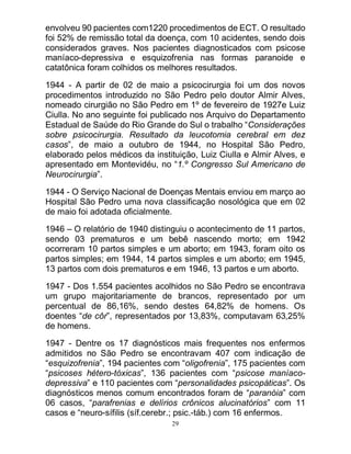 29
envolveu 90 pacientes com1220 procedimentos de ECT. O resultado
foi 52% de remissão total da doença, com 10 acidentes, sendo dois
considerados graves. Nos pacientes diagnosticados com psicose
maníaco-depressiva e esquizofrenia nas formas paranoide e
catatônica foram colhidos os melhores resultados.
1944 - A partir de 02 de maio a psicocirurgia foi um dos novos
procedimentos introduzido no São Pedro pelo doutor Almir Alves,
nomeado cirurgião no São Pedro em 1º de fevereiro de 1927e Luiz
Ciulla. No ano seguinte foi publicado nos Arquivo do Departamento
Estadual de Saúde do Rio Grande do Sul o trabalho “Considerações
sobre psicocirurgia. Resultado da leucotomia cerebral em dez
casos”, de maio a outubro de 1944, no Hospital São Pedro,
elaborado pelos médicos da instituição, Luiz Ciulla e Almir Alves, e
apresentado em Montevidéu, no “1.º Congresso Sul Americano de
Neurocirurgia”.
1944 - O Serviço Nacional de Doenças Mentais enviou em março ao
Hospital São Pedro uma nova classificação nosológica que em 02
de maio foi adotada oficialmente.
1946 – O relatório de 1940 distinguiu o acontecimento de 11 partos,
sendo 03 prematuros e um bebê nascendo morto; em 1942
ocorreram 10 partos simples e um aborto; em 1943, foram oito os
partos simples; em 1944, 14 partos simples e um aborto; em 1945,
13 partos com dois prematuros e em 1946, 13 partos e um aborto.
1947 - Dos 1.554 pacientes acolhidos no São Pedro se encontrava
um grupo majoritariamente de brancos, representado por um
percentual de 86,16%, sendo destes 64,82% de homens. Os
doentes “de côr”, representados por 13,83%, computavam 63,25%
de homens.
1947 - Dentre os 17 diagnósticos mais frequentes nos enfermos
admitidos no São Pedro se encontravam 407 com indicação de
“esquizofrenia”, 194 pacientes com “oligofrenia”, 175 pacientes com
“psicoses hétero-tóxicas”, 136 pacientes com “psicose maníaco-
depressiva” e 110 pacientes com “personalidades psicopáticas”. Os
diagnósticos menos comum encontrados foram de “paranóia” com
06 casos, “parafrenias e delírios crônicos alucinatórios” com 11
casos e “neuro-sífilis (síf.cerebr.; psic.-táb.) com 16 enfermos.
 