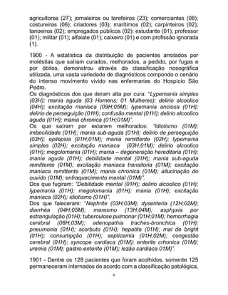 9
agricultores (27); jornaleiros ou tarefeiros (23); comerciantes (08);
costureiras (06); criadores (03); marítimos (02); carpinteiros (02);
tanoeiros (02); empregados públicos (02); estudante (01); professor
(01); militar (01); alfaiate (01); caixeiro (01) e com profissão ignorada
(1).
1900 - A estatística da distribuição de pacientes arrolados por
moléstias que saíram curados, melhorados, a pedido, por fugas e
por óbitos, demonstrou através da classificação nosográfica
utilizada, uma vasta variedade de diagnósticos compondo o cenário
do intenso movimento vivido nas enfermarias do Hospício São
Pedro.
Os diagnósticos dos que deram alta por cura: “Lypemania simples
(03H); mania aguda (03 Homens; 01 Mulheres); delirio alcoolico
(04H); excitação maniaca (09H;05M); lypemania anciosa (01H);
delirio de perseguição (01H); confusão mental (01H); delirio alcoolico
agudo (01H); mania chronica (01H;01M)”.
Os que saíram por estarem melhorados: “Idiotismo (01M);
imbecilidade (01H); mania sub-aguda (01H); delirio de perseguição
(03H); epilepsia (01H;01M); mania remittente (02H); lypemania
simples (02H); excitação maniaca (03H;01M); delirio alcoolico
(01H); megolomania (01H); mania – degeneração hereditaria (01H);
mania aguda (01H); debilidade mental (01H); mania sub-aguda
remittente (01M); excitação maniaca transitoria (01M); excitação
maniaca remittente (01M); mania chronica (01M); allucinação do
ouvido (01M); enfraquecimento mental (01M)”.
Dos que fugiram: “Debilidade mental (01H); delirio alcoolico (01H);
lypemania (01H); megolomania (01H); mania (01H); excitação
maniaca (02H); idiotismo (01H)”.
Dos que faleceram: “Nephrite (03H;03M); dysenteria (12H;02M);
diarrhéa (04H;05M); marasmo (13H;04M); asphyxia por
estrangulação (01H); tuberculose pulmonar (01H;01M); hemorrhagia
cerebral (06H;03M); adenopathia traches-bronchica (01H);
pneumonia (01H); scorbuto (01H); hepatite (01H); mal de bright
(01H); consumpção (01H); septicemia (01H;02M); congestão
cerebral (01H); syncope cardiaca (01M); enterite crhonica (01M);
uremia (01M); gastro-enterite (01M); lezão cardiaca 01M)”.
1901 - Dentre os 128 pacientes que foram acolhidos, somente 125
permaneceram internados de acordo com a classificação patológica,
 