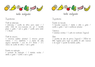 bolo salgado
Ingredientes:
Patê de beterraba
1 beterraba / azeite de oliva para assar / 1
colher (chá) de noz-moscada em pó / tomilho
fresco a gosto / sal a gosto / azeite para bater
/ 1 limão
Patê de cenoura
2 cenouras médias picadas/ 1 cenoura grande
ralada / 1/2 abobrinha / 1 dente de alho
pequeno espremido / suco de 1/2 limão / 1/2
xícara de azeite de oliva / sal a gosto
Recheio de espinafre
1 punhado de espinafre / 1 batata cozida /
cebola a gosto / azeite e sal a gosto
Ingredientes
Recheio de tomate
3 tomates maduros / cebola e alho a gosto /
azeite a gosto / sal e azeitonas picadas
Cobertura
4 batatas cozidas / 1 pote de maionese (vegana)
Bolo
2 pacotes de pão de forma (vegano) / 200ml de
leite vegetal para regar as fatias de pão (usamos
o de soja)/ 1 pacote de batata palha.
bolo salgado
 
