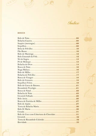 Índice
doces
Bolo de Nata...................................................................................................08
Bolacha Caseira..............................................................................................08
Suspiro (merengue).......................................................................................09
Sequilhos..........................................................................................................09
Brôa de Polvilho.............................................................................................10
Pão Russo........................................................................................................10
Bolo de Manteiga...........................................................................................12
Bolo Emustab da Fofa...................................................................................12
Nó de Sogra....................................................................................................13
Pé de Moleque................................................................................................13
Bolacha de Ovos.............................................................................................14
Rosca de Nata.................................................................................................16
Nega Maluca...................................................................................................16
Bolo de Milho.................................................................................................17
Bolacha de Polvilho.......................................................................................17
Rosca de Vinagre...........................................................................................18
Bolo de Cenoura.............................................................................................18
Sequilhos Fritos.............................................................................................19
Bolo de Casca de Banana.............................................................................21
Rocambole Prestígio.....................................................................................21
Rosca de Natal................................................................................................22
Bolacha de Nata.............................................................................................23
Grostoli Folhado............................................................................................26
Bolo Areia........................................................................................................26
Rosca de Farinha de Milho..........................................................................27
Bolo de Aipim.................................................................................................27
Torta de Bolacha Maria...............................................................................30
Bolo D. Maria.................................................................................................30
Cocada..............................................................................................................31
Bolo de Coco com Cobertura de Chocolate.............................................31
Grostoli............................................................................................................32
Torta de Rocambole Colorido....................................................................32
Brevidade.........................................................................................................35
 