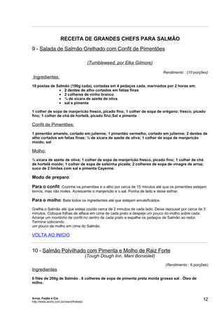 RECEITA DE GRANDES CHEFS PARA SALMÃO
9 - Salada de Salmão Grelhado com Confit de Pimentões

                                          (Tumbleweed, por Elka Gilmore)

                                                                             Rendimento : (10 porções)
Ingredientes:
10 postas de Salmão (100g cada), cortadas em 4 pedaços cada, marinados por 2 horas em:
              • 2 dentes de alho cortados em fatias finas
              • 2 colheres de vinho branco
              • ¼ de xícara de azeite de oliva
              • sal e pimenta

1 colher de sopa de manjericão fresco, picado fino; 1 colher de sopa de orégano; fresco, picado
fino; 1 colher de chá de hortelã, picado fino;Sal e pimenta

Confit de Pimentões:
1 pimentão amarelo, cortado em julienne; 1 pimentão vermelho, cortado em julienne; 2 dentes de
alho cortados em fatias finas; ¼ de xícara de azeite de oliva; 1 colher de sopa de manjericão
moído; sal

Molho:
¾ xícara de azeite de oliva; 1 colher de sopa de manjericão fresco, picado fino; 1 colher de chá
de hortelã moído; 1 colher de sopa de salsinha picada; 2 colheres de sopa de vinagre de arroz;
suco de 2 limões com sal e pimenta Cayenne.

Modo de preparo:

Para o confit: Cozinhe os pimentões e o alho por cerca de 15 minutos até que os pimentões estejam
tenros, mas não moles. Acrescente o manjericão e o sal. Ponha de lado e deixe esfriar.

Para o molho: Bata todos os ingredientes até que estejam emulsificados.
Grelhe o Salmão até que esteja cozido cerca de 2 minutos de cada lado. Deixe repousar por cerca de 3
minutos. Coloque folhas de alface em cima de cada prato e despeje um pouco do molho sobre cada.
Arranje um montinho de confit no centro de cada prato e espalhe os pedaços de Salmão ao redor.
Termine colocando
um pouco de molho em cima do Salmão.

VOLTA AO INICIO


10 - Salmão Polvilhado com Pimenta e Molho de Raiz Forte
                                         (Tough Dough Inn, Mani Bonsoleil)
                                                                              (Rendimento : 6 porções)
Ingredientes
6 filés de 200g de Salmão . 6 colheres de sopa de pimenta preta moída grosso sal . Óleo de
milho.



Arroz, Feijão e Cia
http://www.techs.com.br/users/freibeto
                                                                                                   12
 