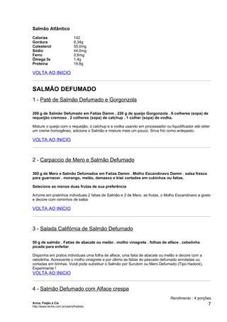 Salmão Atlântico
Calorias                      142
Gordura                       6,34g
Colesterol                    55,0mg
Sódio                         44,0mg
Ferro                         0,8mg
Ômega 3s                      1,4g
Proteína                      19,8g

VOLTA AO INICIO


SALMÃO DEFUMADO
1 - Patê de Salmão Defumado e Gorgonzola

200 g de Salmão Defumado em Fatias Damm . 220 g de queijo Gorgonzola . 6 colheres (sopa) de
requeijão cremoso . 2 colheres (sopa) de catchup . 1 colher (sopa) de vodka.

Misture o queijo com o requeijão, o catchup e a vodka usando em processador ou liquidificador até obter
um creme homogêneo, adicione o Salmão e misture mais um pouco. Sirva frio como antepasto.

VOLTA AO INICIO



2 - Carpaccio de Mero e Salmão Defumado

300 g de Mero e Salmão Defumados em Fatias Damm . Molho Escandinavo Damm . salsa fresca
para guarnecer . morango, melão, damasco e kiwi cortados em cubinhos ou fatias.

Selecione ao menos duas frutas de sua preferência

Arrume em pratinhos individuais 2 fatias de Salmão e 2 de Mero, as frutas, o Molho Escandinavo a gosto
e decore com raminhos de salsa.

VOLTA AO INICIO



3 - Salada Califórnia de Salmão Defumado

50 g de salmão . Fatias de abacate ou melão . molho vinagrete . folhas de alface . cebolinha
picada para enfeitar

Disponha em pratos individuais uma folha de alface, uma fatia de abacate ou melão e decore com a
cebolinha. Acrescente o molho vinagrete e por último as fatias do pescado defumado enroladas ou
cortadas em tirinhas. Você pode substituir o Salmão por Surubim ou Mero Defumado (Tipo Hadock).
Experimente !
VOLTA AO INICIO


4 - Salmão Defumado com Alface crespa
                                                                                Rendimento : 4 porções
Arroz, Feijão e Cia
http://www.techs.com.br/users/freibeto
                                                                                                      7
 