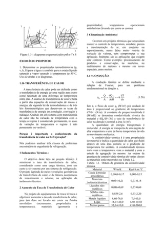propriedades);       temperaturas       operacionais
                                                          satisfatórias (levando em conta os custos)

                                                          3 Climatização Ambiental

                                                                Ocorrem em projetos térmicos que necessitam
                                                          manter o controle de temperatura, umidade, pureza
                                                          e movimentação do ar, em conjunto ou
                                                          separadamente, numa faixa muito restrita de
Figura 1.3 – diagramas esquematizados pxh e Tx S          variação de valores, sem comprometer a sua
                                                          aplicação. Inúmeras são as aplicações que exigem
EXERCÍCIO PROPOSTO                                        este controle. Como exemplo: processamento de
                                                          produtos e conservação, na medicina, no
1. Determinar as propriedades termodinâmicas (p,          resfriamento de reatores e mesmo em naves
v, h, S) para a água e a amônia para o estado líquido     espaciais, entre muitos.
saturado e vapor saturado à temperatura de 35°C.
Use as tabelas e os diagramas.                            1.17 CONDUÇÃO

1.16 TRANSFERÊNCIA DE CALOR                                    A condução térmica se define mediante a
                                                          relação de Fourier, para um problema
    A transferência de calor pode ser definida como       unidimensional na direção x.
a transferência de energia de uma região para outro
como resultado de uma diferença de temperatura                            
                                                                          Q dQ x      dT
                                                                   qx           k                   (1.26)
entre elas. A análise de transferência de calor é feita                   A Ad       dx
a partir das equações de conservação de massa e
energia, da segunda lei da termodinâmica e de três        Isto é, o fluxo de calor qx (W/m²) por unidade de
leis fenomenológicas que descrevem as taxas de            área é proporcional ao gradiente de temperatura
transferência de energia em condução, convecção e         dT/dx (K/m). A constante de proporcionalidade k
radiação. Quando em um sistema com transferência          (W/mK) se denomina condutividade térmica do
de calor não há variação de temperatura com o             material e dQx/dθ (W) a taxa de transferência de
tempo o regime é considerado permanente, no caso          calor na direção x normal a área A (m²).
de variação de temperatura o regime é não                      A quantidade de energia transportada é
permanente ou variável.                                   molecular. A energia se transporta de uma região de
                                                          alta temperatura a uma de baixa temperatura devido
Porque é importante o conhecimento                  da    ao movimento molecular.
transferência de calor na Refrigeração?                        A condutividade térmica k é uma propriedade
                                                          do material e indica a quantidade de calor que fluirá
Nós podemos analisar três classes de problemas            através de uma área unitária se o gradiente de
encontrados na engenharia da refrigeração.                temperatura for unitário. A condutividade térmica
                                                          varia com a temperatura, com o material e com o
1 Isolamentos Térmicos -                                  estado de agregação do mesmo. As ordens de
                                                          grandeza da condutividade térmica de varias classes
     O objetivo deste tipo de projeto térmico é           de materiais estão mostrados na Tabela 1.2.
minimizar a taxa de transferência de calor,               Tabela 1.2. Ordem de grandeza da condutividade
considerado como uma carga térmica, com um                térmica
custo a ser reposta por um sistema de refrigeração.             Material           W/m K        Kcal/h.m.°C
O projeto depende do meio e restrições geométricas          Gases à pressão
de transferência de calor, e de fatores econômicos                              0,0069-0,17      0,006-0,15
                                                              atmosférica
de investimento e retorno, na aplicação do                     Materiais
isolamento térmico.                                                              0,034-0,21       0,03-0,18
                                                          isolantes térmicos
                                                             Líquidos não-
2 Aumento da Taxa de Transferência de Calor                                      0,086-0,69       0,07-0,60
                                                               metálicos
                                                             Sólidos não-
    No projeto de equipamentos de troca térmica o                                 0,034-2,6       0,03-2,20
                                                               metálicos
objetivo é aumentar a taxa de transferência de calor,
                                                            Metais líquidos       8,60-76,0        7,5-65,0
para isto deve ser levado em conta: os fluidos
                                                                 Ligas           14,0-120,0      12,0-103,0
envolvidos     (escoamento,       propriedades     e
                                                             Metais puros        52,0-410,0      45,0-360,0
temperaturas);     materiais       (geometria      e
 