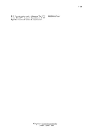 6-15



E 20 Um psicrômetro rotativo indica uma Tbs=35ºC      REFERÊNCIAS
e uma Tbu=20ºC. A pressão barométrica é de 90
Kpa. Qual é a umidade relativa da corrente de ar?




                               Refrigeração-na indústria de alimentos
                                        Gilberto Arejano Corrêa
 