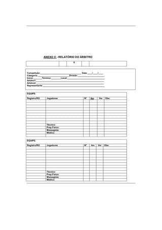 ANEXO V - RELATÓRIO DO ÁRBITRO
X
Competição:__________________________________ Data:____/____/____
Categoria:__________________________Divisão:______________________
Início:_______Término:________Local:_______________________________
Árbitro1:________________________________________________________
Árbitro2:________________________________________________________
Representante:___________________________________________________
EQUIPE:
Registro/RG Jogadores Nº Am Ver Obs:
Técnico:
Prep.Físico:
Massagista:
Médico:
EQUIPE:
Registro/RG Jogadores Nº Am Ver Obs:
Técnico:
Prep.Físico:
Massagista:
Médico:
 