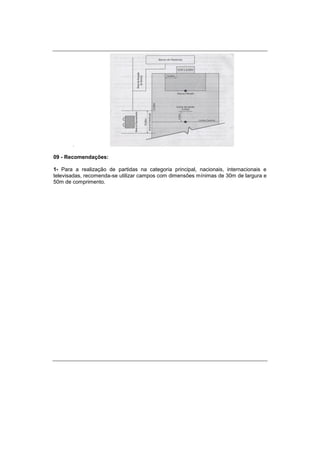 .
09 - Recomendações:
1- Para a realização de partidas na categoria principal, nacionais, internacionais e
televisadas, recomenda-se utilizar campos com dimensões mínimas de 30m de largura e
50m de comprimento.
 