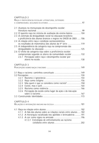 CAPÍTULO 2
RAÇA E PROFICIÊNCIA ESCOLAR: LITERATURA, EXTENSÃO
E COMPREENSÃO , SEGUNDO OS ATORES ........................................................... 97


2.1 Avanços na mensuração do desempenho escolar:
    literatura nacional ................................................................................ 99
2.2 O quesito raça no sistema de avaliação do ensino básico .............. 104
2.3 A extensão da desigualdade racial na educação brasileira:
    a proficiência dos alunos brancos e negros no SAEB de 2003 ...... 106
2.4 A relação entre raça e condição socioeconômica:
    os resultados de matemática dos alunos da 4ª série ....................... 119
2.5 A independência da categoria raça na compreensão das
    desigualdades na educação ................................................................. 125
2.6 O efeito da categoria raça sobre a proficiência escolar:
    compreensão segundo os atores da comunidade escolar ................ 132
    2.6.1 Percepção sobre raça e desempenho escolar por
           atores na escola ........................................................................ 138

CAPÍTULO 3
PERCEPÇÕES SOBRE RAÇA E RACISMO ............................................................ 149

3.1 Raça e racismo: caminhos conceituais .............................................. 149
3.2 Percepções ........................................................................................... 150
    3.2.1 Racismo é ignorância ............................................................. 154
    3.2.2 Raça como estigma ................................................................. 156
    3.2.3 Mas quem é que se considera como racista? ........................ 158
    3.2.4 Existe, mas é sutil .................................................................... 164
    3.2.5 Racismo como violência ......................................................... 166
    3.2.6 Percepção da escola como lugar da ação e da não-ação
           sobre o racismo ....................................................................... 167
3.3 Construindo identidades .................................................................. 173

CAPÍTULO 4
RELAÇÕES E INTERAÇÕES RACIAIS NA ESCOLA ............................................... 181

4.1 Raça      na relação entre alunos ............................................................. 182
    4.1.1      A fala dos alunos sobre as relações raciais entre alunos...... 182
    4.1.2      A hierarquia racializada nos apelidos e brincadeiras .......... 191
    4.1.3      A cor como signo na amizade ............................................... 196
               4.1.3.1 Estratégias de enfrentamento ao racismo
                        cotidiano entre alunos .............................................. 202


                                                     14
 