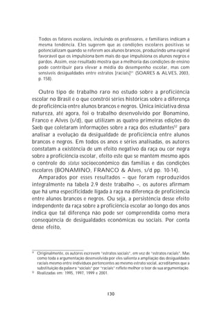 Todos os fatores escolares, incluindo os professores, e familiares indicam a
     mesma tendência. Eles sugerem que as condições escolares positivas se
     potencializam quando se referem aos alunos brancos, produzindo uma espiral
     favorável que os impulsiona bem mais do que impulsiona os alunos negros e
     pardos. Assim, esse resultado mostra que a melhoria das condições de ensino
     pode contribuir para elevar a média do desempenho escolar, mas com
     sensíveis desigualdades entre estratos [raciais] 51 (SOARES & ALVES, 2003,
     p. 158).

   Outro tipo de trabalho raro no estudo sobre a proficiência
escolar no Brasil é o que constrói séries históricas sobre a diferença
de proficiência entre alunos brancos e negros. Única iniciativa dessa
natureza, até agora, foi o trabalho desenvolvido por Bonamino,
Franco e Alves (s/d), que utilizam as quatro primeiras edições do
Saeb que coletaram informações sobre a raça dos estudantes52 para
analisar a evolução da desigualdade de proficiência entre alunos
brancos e negros. Em todos os anos e séries analisadas, os autores
constatam a existência de um efeito negativo da raça ou cor negra
sobre a proficiência escolar, efeito este que se mantém mesmo após
o controle do status socioeconômico das famílias e das condições
escolares (BONAMINO, FRANCO & Alves, s/d pp. 10-14).
   Amparados por esses resultados – que foram reproduzidos
integralmente na tabela 2.9 deste trabalho –, os autores afirmam
que há uma especificidade ligada à raça na diferença de proficiência
entre alunos brancos e negros. Ou seja, a persistência desse efeito
independente da raça sobre a proficiência escolar ao longo dos anos
indica que tal diferença não pode ser compreendida como mera
conseqüência de desigualdades econômicas ou sociais. Por conta
desse efeito,



51
     Originalmente, os autores escrevem “estratos sociais”, em vez de “estratos raciais”. Mas
     como toda a argumentação desenvolvida por eles salienta a ampliação das desigualdades
     raciais mesmo entre indivíduos pertencentes ao mesmo estrato social, acreditamos que a
     substituição da palavra “sociais” por “raciais” reflete melhor o teor de sua argumentação.
52
     Realizadas em: 1995, 1997, 1999 e 2001.




                                              130
 