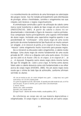 é o reconhecimento da existência de uma hierarquia na valorização
dos grupos raciais. Isso foi notado principalmente pela distribuição
de prestígio, afetos e hostilidades, carinhos e xingamentos nas suas
relações com brancos e negros respectivamente.
    A animalização construída a partir da utilização do cabelo como
marca racial transforma o cabelo de tipo crespo em pêlos bestificantes
(INOCÊNCIO, 2001). A partir do cabelo o aluno irá ser
desumanizado e relacionado à figura de macacos e outros primatas.
Essa comparação ilustra principalmente uma suposta inferioridade
do aluno negro, incitando uma expectativa negativa quanto à sua
possibilidade de “civilização”. Uma aluna negra de uma escola
particular do ensino fundamental de São Paulo diz ser muito comum
ser xingada: Já me chamaram de galinha, já me xingaram de macaca. Nota-se
“macaco” como xingamento muito recorrente para pessoas negras.
    Ao se iniciarem as discussões sobre xingamentos, o cabelo recebe
destaque. Uma aluna negra do ensino fundamental de uma escola
privada do DF, refere-se a disputas com uma outra aluna: Ela falava
que meu cabelo era de Assolan. Olha tia, me xingava. Já me xingaram de f.... da
p..., de desgraçada. Enquanto outro aluno negro desta mesma turma
diz que foi xingado de: Cabelo à prova d’água. A forma como alunos
falam sobre o cabelo denuncia como está fundamentado o seu olhar
acerca do corpo negro (HOOKS, 2005). Há um aluno negro nesta
escola que é vítima de todo tipo de achincalhe, conforme afirmam
sorrindo os alunos:

   Ah, tem um menino na sala, ele é maior inteligente mas a gente ... é colega nosso, mas a gente
   assim brinca e tal. Ele tem a bunda grande.
   Aí a gente fica pegando no pé dele, todo mundo. Aí quando junta todo mundo da sala, aí ele fica
   meio sem graça. Aí para os meninos, para a gente então é uma descontração.
   É moreno, moreno.
   Moreno claro, cabelo enroladinho.
   Baixinho e tem a bunda enorme.
   (Grupo Focal – alunos do ensino médio, escola pública, DF ).

   As referências ao corpo são em sua maioria depreciativas e
estigmatizadas. O corpo negro é a deformação de um outro corpo:


                                              213
 