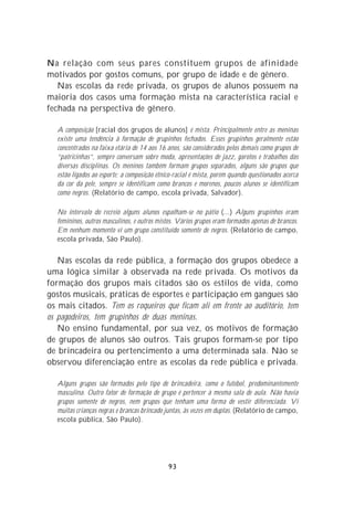 Na relação com seus pares constituem grupos de afinidade
motivados por gostos comuns, por grupo de idade e de gênero.
   Nas escolas da rede privada, os grupos de alunos possuem na
maioria dos casos uma formação mista na característica racial e
fechada na perspectiva de gênero.

   A composição [racial dos grupos de alunos] é mista. Principalmente entre as meninas
   existe uma tendência à formação de grupinhos fechados. Esses grupinhos geralmente estão
   concentrados na faixa etária de 14 aos 16 anos, são considerados pelos demais como grupos de
   “patricinhas”, sempre conversam sobre moda, apresentações de jazz, garotos e trabalhos das
   diversas disciplinas. Os meninos também formam grupos separados, alguns são grupos que
   estão ligados ao esporte; a composição étnico-racial é mista, porém quando questionados acerca
   da cor da pele, sempre se identificam como brancos e morenos, poucos alunos se identificam
   como negros. (Relatório de campo, escola privada, Salvador).

   No intervalo do recreio alguns alunos espalham-se no pátio (...) Alguns grupinhos eram
   femininos, outros masculinos, e outros mistos. Vários grupos eram formados apenas de brancos.
   Em nenhum momento vi um grupo constituído somente de negros. (Relatório de campo,
   escola privada, São Paulo).


   Nas escolas da rede pública, a formação dos grupos obedece a
uma lógica similar à observada na rede privada. Os motivos da
formação dos grupos mais citados são os estilos de vida, como
gostos musicais, práticas de esportes e participação em gangues são
os mais citados. Tem os roqueiros que ficam ali em frente ao auditório, tem
os pagodeiros, tem grupinhos de duas meninas.
   No ensino fundamental, por sua vez, os motivos de formação
de grupos de alunos são outros. Tais grupos formam-se por tipo
de brincadeira ou pertencimento a uma determinada sala. Não se
observou diferenciação entre as escolas da rede pública e privada.

   Alguns grupos são formados pelo tipo de brincadeira, como o futebol, predominantemente
   masculina. Outro fator de formação de grupo é pertencer à mesma sala de aula. Não havia
   grupos somente de negros, nem grupos que tenham uma forma de vestir diferenciada. Vi
   muitas crianças negras e brancas brincado juntas, às vezes em duplas. (Relatório de campo,
   escola pública, São Paulo).




                                              93
 