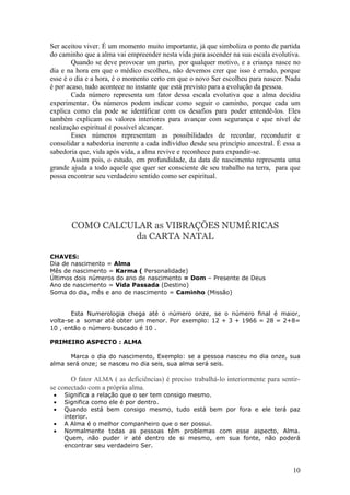 Ser aceitou viver. É um momento muito importante, já que simboliza o ponto de partida
do caminho que a alma vai empreender nesta vida para ascender na sua escala evolutiva.
        Quando se deve provocar um parto, por qualquer motivo, e a criança nasce no
dia e na hora em que o médico escolheu, não devemos crer que isso é errado, porque
esse é o dia e a hora, é o momento certo em que o novo Ser escolheu para nascer. Nada
é por acaso, tudo acontece no instante que está previsto para a evolução da pessoa.
        Cada número representa um fator dessa escala evolutiva que a alma decidiu
experimentar. Os números podem indicar como seguir o caminho, porque cada um
explica como ela pode se identificar com os desafios para poder entendê-los. Eles
também explicam os valores interiores para avançar com segurança e que nível de
realização espiritual é possível alcançar.
        Esses números representam as possibilidades de recordar, reconduzir e
consolidar a sabedoria inerente a cada indivíduo desde seu princípio ancestral. É essa a
sabedoria que, vida após vida, a alma revive e reconhece para expandir-se.
        Assim pois, o estudo, em profundidade, da data de nascimento representa uma
grande ajuda a todo aquele que quer ser consciente de seu trabalho na terra, para que
possa encontrar seu verdadeiro sentido como ser espiritual.




       COMO CALCULAR as VIBRAÇÕES NUMÉRICAS
                 da CARTA NATAL

CHAVES:
Dia de nascimento = Alma
Mês de nascimento = Karma ( Personalidade)
Últimos dois números do ano de nascimento = Dom – Presente de Deus
Ano de nascimento = Vida Passada (Destino)
Soma do dia, mês e ano de nascimento = Caminho (Missão)


       Esta Numerologia chega até o número onze, se o número final é maior,
volta-se a somar até obter um menor. Por exemplo: 12 + 3 + 1966 = 28 = 2+8=
10 , então o número buscado é 10 .

PRIMEIRO ASPECTO : ALMA

      Marca o dia do nascimento, Exemplo: se a pessoa nasceu no dia onze, sua
alma será onze; se nasceu no dia seis, sua alma será seis.

       O fator ALMA ( as deficiências) é preciso trabalhá-lo interiormente para sentir-
se conectado com a própria alma.
 •   Significa a relação que o ser tem consigo mesmo.
 •   Significa como ele é por dentro.
 •   Quando está bem consigo mesmo, tudo está bem por fora e ele terá paz
     interior.
 •   A Alma é o melhor companheiro que o ser possui.
 •   Normalmente todas as pessoas têm problemas com esse aspecto, Alma.
     Quem, não puder ir até dentro de si mesmo, em sua fonte, não poderá
     encontrar seu verdadeiro Ser.



                                                                                     10
 