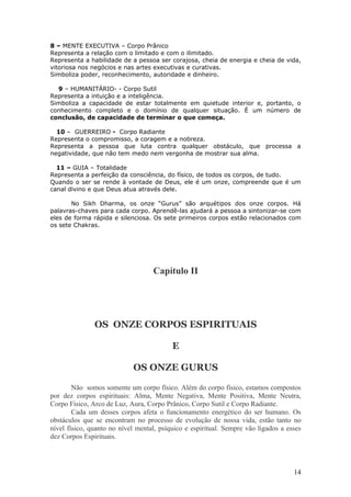 8 – MENTE EXECUTIVA – Corpo Prânico
Representa a relação com o limitado e com o ilimitado.
Representa a habilidade de a pessoa ser corajosa, cheia de energia e cheia de vida,
vitoriosa nos negócios e nas artes executivas e curativas.
Simboliza poder, reconhecimento, autoridade e dinheiro.

  9 – HUMANITÁRIO- - Corpo Sutil
Representa a intuição e a inteligência.
Simboliza a capacidade de estar totalmente em quietude interior e, portanto, o
conhecimento completo e o domínio de qualquer situação. É um número de
conclusão, de capacidade de terminar o que começa.

  10 – GUERREIRO - Corpo Radiante
Representa o compromisso, a coragem e a nobreza.
Representa a pessoa que luta contra qualquer obstáculo, que processa a
negatividade, que não tem medo nem vergonha de mostrar sua alma.

  11 – GUIA – Totalidade
Representa a perfeição da consciência, do físico, de todos os corpos, de tudo.
Quando o ser se rende à vontade de Deus, ele é um onze, compreende que é um
canal divino e que Deus atua através dele.

       No Sikh Dharma, os onze “Gurus” são arquétipos dos onze corpos. Há
palavras-chaves para cada corpo. Aprendê-las ajudará a pessoa a sintonizar-se com
eles de forma rápida e silenciosa. Os sete primeiros corpos estão relacionados com
os sete Chakras.




                                   Capítulo II




               OS ONZE CORPOS ESPIRITUAIS

                                          E

                            OS ONZE GURUS

        Não somos somente um corpo físico. Além do corpo físico, estamos compostos
por dez corpos espirituais: Alma, Mente Negativa, Mente Positiva, Mente Neutra,
Corpo Físico, Arco de Luz, Aura, Corpo Prânico, Corpo Sutil e Corpo Radiante.
        Cada um desses corpos afeta o funcionamento energético do ser humano. Os
obstáculos que se encontram no processo de evolução de nossa vida, estão tanto no
nível físico, quanto no nível mental, psíquico e espiritual. Sempre vão ligados a esses
dez Corpos Espirituais.




                                                                                    14
 