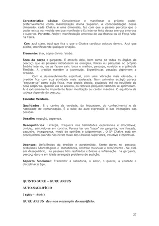 Característica     básica:   Conscientizar  e  manifestar     o   próprio   poder,
preferivelmente como manifestação divina Superior. A conscientização dessa
dimensão, cada Chakra é uma dimensão, faz com que a pessoa perceba que o
poder existe na medida em que manifeste o Eu interior feito dessa energia amorosa
e superior. Portanto, Poder= manifestação amorosa de Luz Branca ou de Força Vital
na Terra.

 Cor: azul claro. Azul que fixa o que o Chakra cardíaco colocou dentro. Azul que
acolhe, manifestando qualquer criação.

Elemento: éter, sopro divino. Verbo.

Área do corpo : garganta. É através dela, bem como de todos os órgãos do
pescoço que as pessoas introduzem as energias, físicas ou psíquicas no próprio
âmbito interior, ou as fazem sair: boca e orelhas, pescoço, ouvidos e a glândula
Tireóide. A tireóide mantém a juventude. Experiências pesadas deprimem a
tireóide.
        Com o desenvolvimento espiritual, com uma vibração mais elevada, a
tireóide fica com sua atividade mais acelerada. Num primeiro estágio parece
“segurar-se” como ação física, mas depois decola, ajudando até no equilíbrio do
peso corpóreo. Quando ela se acelera, os reflexos psíquicos também se aprimoram.
Aí é extremamente importante fazer meditação ou cantar mantras. O equilíbrio da
cabeça depende do pescoço.

Talento: Verdade.

Qualidades: É o centro da verdade, da linguagem, do conhecimento e da
habilidade de comunicação. É a base da auto-expressão e das interações das
pessoas.

Desafio: negação, aspereza.

Desequilíbrios: Letargia, fraqueza nas habilidades expressivas e descritivas;
timidez, sentindo-se em concha. Parece ter um “sapo” na garganta, voz forçada,
gagueira, insegurança, medo de opiniões e julgamentos . O 5º Chakra está em
desequilíbrio quando não existe fluxo dos Chakras superiores, intuitivo e espiritual.


Doenças: Deficiências da tireóide e paratireóide. Sente dores no pescoço,
problemas odontológicos e metabólicos, controle muscular e crescimento . Se está
em desequilíbrio, as pessoas têm resfriados crônicos e inflamação na garganta,
pescoço duro e em idade avançada problema de audição.

Aspecto funcional: Transmitir a sabedoria, o amor, o querer, a vontade e
disciplinar o Ego.




QUINTO GURU – GURU ARJUN

AUTO-SACRIFÍCIO

( 1563 – 1606 )

GURU ARJUN deu-nos o exemplo do sacrifício.



                                                                                  27
 