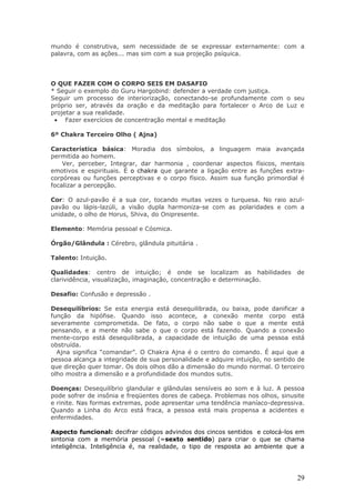 mundo é construtiva, sem necessidade de se expressar externamente: com a
palavra, com as ações... mas sim com a sua projeção psíquica.




O QUE FAZER COM O CORPO SEIS EM DASAFIO
* Seguir o exemplo do Guru Hargobind: defender a verdade com justiça.
Seguir um processo de interiorização, conectando-se profundamente com o seu
próprio ser, através da oração e da meditação para fortalecer o Arco de Luz e
projetar a sua realidade.
 • Fazer exercícios de concentração mental e meditação

6º Chakra Terceiro Olho ( Ajna)

Característica básica: Moradia dos símbolos, a linguagem maia avançada
permitida ao homem.
    Ver, perceber, Integrar, dar harmonia , coordenar aspectos físicos, mentais
emotivos e espirituais. É o chakra que garante a ligação entre as funções extra-
corpóreas ou funções perceptivas e o corpo físico. Assim sua função primordial é
focalizar a percepção.

Cor: O azul-pavão é a sua cor, tocando muitas vezes o turquesa. No raio azul-
pavão ou lápis-lazúli, a visão dupla harmoniza-se com as polaridades e com a
unidade, o olho de Horus, Shiva, do Onipresente.

Elemento: Memória pessoal e Cósmica.

Órgão/Glândula : Cérebro, glândula pituitária .

Talento: Intuição.

Qualidades: centro de intuição; é onde se localizam as habilidades              de
clarividência, visualização, imaginação, concentração e determinação.

Desafio: Confusão e depressão .

Desequilíbrios: Se esta energia está desequilibrada, ou baixa, pode danificar a
função da hipófise. Quando isso acontece, a conexão mente corpo está
severamente comprometida. De fato, o corpo não sabe o que a mente está
pensando, e a mente não sabe o que o corpo está fazendo. Quando a conexão
mente-corpo está desequilibrada, a capacidade de intuição de uma pessoa está
obstruída.
  Ajna significa “comandar”. O Chakra Ajna é o centro do comando. É aqui que a
pessoa alcança a integridade de sua personalidade e adquire intuição, no sentido de
que direção quer tomar. Os dois olhos dão a dimensão do mundo normal. O terceiro
olho mostra a dimensão e a profundidade dos mundos sutis.

Doenças: Desequilíbrio glandular e glândulas sensíveis ao som e à luz. A pessoa
pode sofrer de insônia e freqüentes dores de cabeça. Problemas nos olhos, sinusite
e rinite. Nas formas extremas, pode apresentar uma tendência maníaco-depressiva.
Quando a Linha do Arco está fraca, a pessoa está mais propensa a acidentes e
enfermidades.

Aspecto funcional: decifrar códigos advindos dos cincos sentidos e colocá-los em
sintonia com a memória pessoal (=sexto sentido) para criar o que se chama
inteligência. Inteligência é, na realidade, o tipo de resposta ao ambiente que a




                                                                                29
 