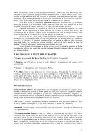 amar a si mesmo e aos outros incondicionalmente . Jamais se verá ameaçado pela
energia de outra pessoa, porque sempre saberá quem é. Já se haverá dado conta
de que o lugar em que está é o coração e, portanto, que está sempre em seu lugar.
Somente a sua presença servirá de inspiração aos demais. É provável que descubra
que o canto é um meio natural para elevar a si mesmo e aos demais.
        Se a aura é fraca, facilmente a pessoa sentir-se-á atormentada por qualquer
forma de energia que a envolva. Talvez descubra que não está sendo fiel a seus
próprios princípios e nada a levará a ficar bem com as demais pessoas.
        A AURA representa a consciência inferior e a consciência superior. O Corpo
Espiritual “Aura” representa a força interior do homem e, como essa força, ela
expande-se até o infinito. Quanto mais resplandecente está a energia áurica, mais
se poderá ajudar a si mesmo e ajudar os demais a elevar-se.
        Deve-se ter em conta tanto o que pensamos, quanto o que fazemos, porque
a energia do pensamento pode afetar positivamente ou negativamente a pessoa e
também os demais. A pessoa mantendo-se em calma e atenta, não somente
superará todos os obstáculos como também melhorará tudo aquilo a que se
dedicar, e isso é “elevação” tanto espiritual quanto terrena.
        Yogui Bhajan considerava a AURA como o oitavo chakra, porque a AURA
combina os efeitos de todos os outros chakras. Outros mestres não se referem a
um oitavo chakra.

O QUE FAZER COM O CORPO SETE EM DASAFIO

* Seguir o exemplo do Guru Har Raí: ter Piedade e Compaixão.

* Respirar para fortalecer a aura e assim adquirir a capacidade de elevar a si e
aos demais.

* Cantar - a vibração do som fortalece a AURA.

* Meditar: Criar o seu processo de interiorização. Através da meditação e da
oração, a pessoa fortalece a Aura e assim assegura a força mental que pode usar,
tanto para projeção, quanto para proteção psíquica. A prática da yoga e da
meditação é tudo para liberar o corpo e a mente de modo que possa ouvir a voz de
Deus e a voz da própria alma.


7º Chakra Coronário

Característica básica: Ter consciência da percepção que ronda nos corpos: físico,
mental, emocional e espiritual como parte do Todo, que nasce da Energia Suprema,
compartilhando calma, inteligência, juventude, compreensão elevada, elegância ( o
plexo solar busca o luxo, o coronário a beleza harmônica que se chama elegância),
enfim todas as características potenciais do ser humano.

Cor: violeta, a cor da temperança feita de vermelho e azul, equilíbrio entre o Céu e
a Terra, paixão e inteligência, o corpo e o espírito, o amor e a sabedoria.

Elemento:transmutação, transformação dos instintos em Consciência Harmônica,
luz e pensamento

Correspondências físicas: Pineal ou Epífise: a glândula por excelência do Chakra
coronário tem uma estrutura em forma oval ou com a forma de uma noz, e se
abriga na parte dorsal do encéfalo ou encaixada no cérebro. Após milênios em que
os místicos acreditavam que a glândula pineal fosse a sede da alma, os ocidentais
agora começam a compreender a sua importância como agente neuroendócrino. Ela
produz um hormônio chamado melatonina com o qual se comunica com todo o



                                                                                 31
 