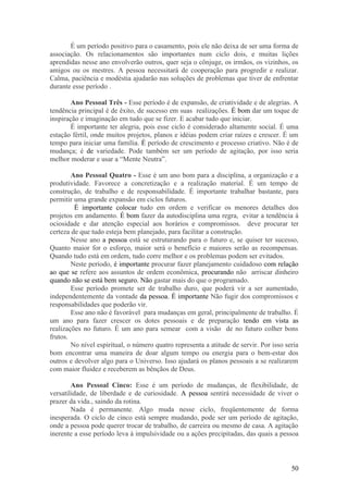 É um período positivo para o casamento, pois ele não deixa de ser uma forma de
associação. Os relacionamentos são importantes num ciclo dois, e muitas lições
aprendidas nesse ano envolverão outros, quer seja o cônjuge, os irmãos, os vizinhos, os
amigos ou os mestres. A pessoa necessitará de cooperação para progredir e realizar.
Calma, paciência e modéstia ajudarão nas soluções de problemas que tiver de enfrentar
durante esse período .

        Ano Pessoal Três - Esse período é de expansão, de criatividade e de alegrias. A
tendência principal é de êxito, de sucesso em suas realizações. É bom dar um toque de
inspiração e imaginação em tudo que se fizer. E acabar tudo que iniciar.
        É importante ter alegria, pois esse ciclo é considerado altamente social. É uma
estação fértil, onde muitos projetos, planos e idéias podem criar raízes e crescer. É um
tempo para iniciar uma família. É período de crescimento e processo criativo. Não é de
mudança; é de variedade. Pode também ser um período de agitação, por isso seria
melhor moderar e usar a “Mente Neutra”.

        Ano Pessoal Quatro - Esse é um ano bom para a disciplina, a organização e a
produtividade. Favorece a concretização e a realização material. É um tempo de
construção, de trabalho e de responsabilidade. É importante trabalhar bastante, para
permitir uma grande expansão em ciclos futuros.
         É importante colocar tudo em ordem e verificar os menores detalhes dos
projetos em andamento. É bom fazer da autodisciplina uma regra, evitar a tendência à
ociosidade e dar atenção especial aos horários e compromissos. deve procurar ter
certeza de que tudo esteja bem planejado, para facilitar a construção.
        Nesse ano a pessoa está se estruturando para o futuro e, se quiser ter sucesso,
Quanto maior for o esforço, maior será o benefício e maiores serão as recompensas.
Quando tudo está em ordem, tudo corre melhor e os problemas podem ser evitados.
        Neste período, é importante procurar fazer planejamento cuidadoso com relação
ao que se refere aos assuntos de ordem econômica, procurando não arriscar dinheiro
quando não se está bem seguro. Não gastar mais do que o programado.
        Esse período promete ser de trabalho duro, que poderá vir a ser aumentado,
independentemente da vontade da pessoa. É importante Não fugir dos compromissos e
responsabilidades que poderão vir.
        Esse ano não é favorável para mudanças em geral, principalmente de trabalho. È
um ano para fazer crescer os dotes pessoais e de preparação tendo em vista as
realizações no futuro. É um ano para semear com a visão de no futuro colher bons
frutos.
        No nível espiritual, o número quatro representa a atitude de servir. Por isso seria
bom encontrar uma maneira de doar algum tempo ou energia para o bem-estar dos
outros e devolver algo para o Universo. Isso ajudará os planos pessoais a se realizarem
com maior fluidez e receberem as bênçãos de Deus.

        Ano Pessoal Cinco: Esse é um período de mudanças, de flexibilidade, de
versatilidade, de liberdade e de curiosidade. A pessoa sentirá necessidade de viver o
prazer da vida., saindo da rotina.
        Nada é permanente. Algo muda nesse ciclo, freqüentemente de forma
inesperada. O ciclo de cinco está sempre mudando, pode ser um período de agitação,
onde a pessoa pode querer trocar de trabalho, de carreira ou mesmo de casa. A agitação
inerente a esse período leva à impulsividade ou a ações precipitadas, das quais a pessoa



                                                                                        50
 