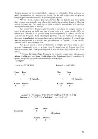 finalizar porque as incompatibilidades superam as afinidades. Para entender os
possíveis fatores que intervêm em cada tipo de relação, pode-se recorrer a um sistema
numerológico muito interessante: A Numerologia Conjunta.
       Através desse sistema é possível detectar o tipo de relação que existe entre
duas pessoas: uma amizade, uma relação de trabalho, de negócios, de pais e filhos, de
irmãos, de casais, etc. Essa técnica pode ajudar a entender as afinidades e as possíveis
incompatibilidades entre as pessoas.
       Para interpretar a Numerologia Conjunta é importante ter sempre presente a
numerologia pessoal de cada uma das pessoas, para se ter uma primeira idéia de
comparação entre elas e ver que vibrações numéricas pessoais se repetem, ou não, na
Numerologia Conjunta. Essa observação permitirá ver que vibrações as pessoas
dominam na conjunta e que podem favorecer ou dificultar a relação. É evidente que
isso não determinará se a relação tem que continuar ou finalizar, pois tal decisão
somente cabe às pessoas envolvidas.
       Para poder ajustar-se mais acertadamente a relação que existe entre as duas
pessoas, é necessário conhecer a fundo como é a maneira de ser de cada uma. Esse
sistema somente será válido para diagnosticar as tendências favoráveis ou não dessa
relação.
       A fórmula da Numerologia Conjunta é a seguinte: somam-se os números das
Almas, dos Karmas, dos Dons, dos Destinos e dos Caminhos (sempre tirando fora 9
quando ultrapassar 11), para formar uma única numerologia.
  Exemplo:

Pessoa A = 25/ 04/ 1963                             Pessoa B = 20/10/ 1960


Alma       Dom                                       Alma         Dom
 7          9                                          2            6

       +         = 3 Caminho                                +          = 10 Caminho

Karma      Destino                                   Karma        Destino
 4         10                                          10          7



       . Almas 7+2 = 9; Karmas 4+10=14(14-9=5); Dons 9+6=15 (15-9=6);
       Destinos 10+7=17 (17-9=8); Caminhos 3+10=13 (13-9=4)




                       Alma         Dom
Conjunta:                9           6
                                              4 Caminho

                        Karma       Destino
                         5           8




                                                                                     54
 