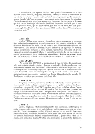A comunicação com a pessoa de alma DOIS precisa fazer com que ela se sinta
incluída. Muito sensível, magoa-se facilmente, sentindo-se traída e abandonada. É
importante que estejamos atentos se dizem “sim” somente para nos agradar ou se estão
sempre dizendo “não” para se proteger, separando-se assim das pessoas e das situações.
É muito importante usar com essas pessoas uma linguagem não ameaçadora, de modo
que elas sintam aconchego e harmonia. Também é importante transmitir para a alma
DOIS que ela é aceita, que ela pode confiar, pois não vai ser traída, fará com que a
comunicação flua. Uma boa frase para dizer ao DOIS em alma é esta: “Vamos preparar
este evento juntos?”



       Alma TRÊS
       A alma TRÊS, criativa, travessa e brincalhona precisa ser capaz de se expressar.
Sua sociabilidade faz com que necessite conectar-se com o grupo, tornando-se a vida
do grupo. Preocupam -se muito com os outros e por isso muitas vezes passam por
controladores. Uma pessoa de alma TRÊS gosta de nutrir e dar segurança aos outros e,
quando não consegue expressar-se dessa maneira, fica frustrada e insegura. Ela precisa
expressar-se com alegria e criatividade, é aconselhável permitir-lhe que ela expresse-se
assim e que sinta que os outros precisam de seus cuidados. Por isso não se deve passar
por cima de seu poder pessoal. Um exemplo de frase a ser dita é: “Preciso de você”.

        Alma QUATRO
        As pessoas com QUATRO na alma gostam de tudo perfeito e de enquadrarem
tudo pois gosta de método, estrutura , forma e organização.. Se ela perceber que você
trabalha desse modo é uma boa maneira de deixá-la com uma ótima impressão e dará
abertura para uma comunicação agradável. Quando está motivada é muito trabalhadora.
Gosta de ser útil e sente prazer em ajudar sem esperar nada em troca. Em desafio, é
muito teimosa em suas opiniões e incansável no debate, é bom não discutir com ela. Dê-
lhe algo para organizar, para estruturar e ela ficará feliz.

       Alma CINCO
       Viagens e aventuras, movimento, mudanças e ideais são assuntos que tocam a
alma cinco. Gosta de conhecer pessoas e lugares novos e podem se adaptar facilmente
em qualquer comunicação. Um CINCO na alma não pode ser podado e tolhido. Torna-
se uma fera enjaulada. Adeus conversa. Não se deve fazer isso com essas pessoas a não
ser que se queira começar uma guerra. Não gostam de estar presas a uma situação. Às
vezes são relutantes no início, mas depois encontram uma maneira de criar cooperação.
Sentem-se bem em grupo. Precisam muito de se comunicar, então é bom deixá-los falar.
Precisam externar seus ideais e sonhos. São muito motivados, se algo é feito por um
ideal.

       Alma SEIS
       Justiça, integridade e família são importantes para a alma seis. Embora goste de
ajudar os outros, não gostam de ser ludibriada nem de injustiças,mesmo que não sejam
com eles.. Quando uma pessoa de alma SEIS está centrada em sua intuição, é excelente
conselheiro e pode influenciar a sua vida e a dos outros com a sua oração. Em desafio
fica confusa, não consegue externar o seu mundo interior. O que ele pensa e fala não se
encaixa com a realidade externa. O belo a atrai, assim como as coisas feitas de maneira



                                                                                     58
 