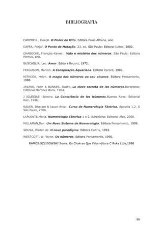 BIBLIOGRAFIA



CAMPBELL, Joseph. O Poder do Mito. Editora Palas Athena, ano.

CAPRA, Fritjof. O Ponto de Mutação. 23. ed. São Paulo: Editora Cultrix, 2002.

CHABOCHE, François-Xavier. Vida e mistério dos números. São Paulo: Editora
Hemus, ano.

BUSCAGLIA, Leo. Amor. Editora Record, 1972.

FERGUSON, Marilyn. A Conspiração Aquariana. Editora Record, 1980.

HITHCOK, Helyn. A magia dos números ao seu alcance. Editora Pensamento,
1988.

JAVANE, Faith & BUNKER, Dusty. La clave secreta de los números.Barcelona:
Editorial Martinez Roca, 1984.

J IGLESIAS -Janeiro. La Consciência de los Números.Buenos Aires: Editorial
Kier, 1946.

KAUER. Dharam & kauer Avtar. Curso de Numerologia Tântrica. Apostila 1,2. S
São Paulo, 2006.

LAPUENTE,Maria. Numerologia Tântrica 1 e 2. Barcelona: Editorial Alas, 2000.

MILLAMAN,Dan. Um Novo Sistema de Numerologia. Editora Pensamento, 1999.

SOUSA, Walter de. O novo paradigma. Editora Cultrix, 1993.

WESTCOTT. W. Wynn. Os números. Editora Pensamento, 1990.

   RAMOS.SZLIGOWSKI Sonia. Os Chakras Que Falamditora C Roka Ltda,1998




                                                                                80
 