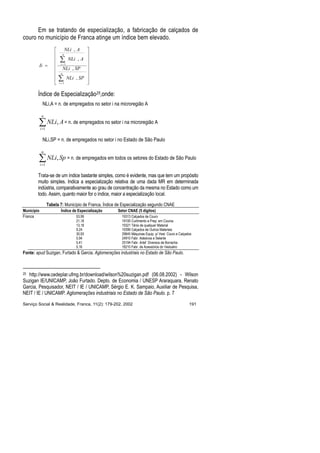 Em se tratando de especialização, a fabricação de calçados de
couro no município de Franca atinge um índice bem elevado.
















=
∑
∑
=
=
n
i
n
i
SPNLi
SPNLi
ANLi
ANLi
Ii
1
1
,
,
,
,
Índice de Especialização25,onde:
NLi,A = n. de empregados no setor i na microregião A
∑=
n
i
ANLi
1
, = n. de empregados no setor i na microregião A
NLi,SP = n. de empregados no setor i no Estado de São Paulo
∑=
n
i
SpNLi
1
, = n. de empregados em todos os setores do Estado de São Paulo
Trata-se de um índice bastante simples, como é evidente, mas que tem um propósito
muito simples. Indica a especialização relativa de uma dada MR em determinada
indústria, comparativamente ao grau de concentração da mesma no Estado como um
todo. Assim, quanto maior for o índice, maior a especialização local.
Tabela 7: Município de Franca, Índice de Especialização segundo CNAE
Município Índice de Especialização Setor CNAE (5 dígitos)
Franca 53,99 19313 Calçados de Couro
21,18 19100 Curtimento e Prep. em Couros
13,18 19321 Tênis de qualquer Material
9,24 19399 Calçados de Outros Materiais
30,93 29645 Máquinas Equip. p/ Vest. Couro e Calçados
5,41 25194 Fabr. Artef. Diversos de Borracha
5,94 24910 Fabr. Adesivos e Selante
5,16 18210 Fabr. de Acessórios do Vestuário
Fonte: apud Suzigan, Furtado & Garcia. Aglomerações industriais no Estado de São Paulo.
25 http://www.cedeplar.ufmg.br/download/wilson%20suzigan.pdf (06.08.2002) - Wilson
Suzigan IE/UNICAMP, João Furtado. Depto. de Economia / UNESP Araraquara, Renato
Garcia, Pesquisador, NEIT / IE / UNICAMP, Sérgio E. K. Sampaio, Auxiliar de Pesquisa,
NEIT / IE / UNICAMP. Aglomerações industriais no Estado de São Paulo. p. 7
Serviço Social & Realidade, Franca, 11(2): 179-202, 2002 191
 