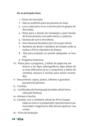 24 •
Eis os principais ítens:
1 - Fichas de Inscrição;
2 - Sala ou auditório para 60 pessoas ou mais;
3 - 4 ou 5 salas para 10 ou 12 jovens para os grupos de
discussão;
4 - Mesa para a Sessão de Instalação e para Sessão
de Encerramento com pelo menos 5 cadeiras;
5 - Sistema de som e microfone;
6 - Hino Nacional Brasileiro (em CD ou pen drive)
7 - Bandeira do Brasil e Bandeira do Estado onde se
realiza o RYLA e Bandeira do Rotary.
8 - Tela para projeção ou parede adequada, se hou-
ver;
9 - Programa impresso;
10 - Pasta para o programa, 3 folhas de papel A4 em
branco e 60 lápis esferográficos; lápis piloto de
4 cores diferentes (4 ou 5 conjuntos), 5 folhas de
cartolina, tesoura e revistas para serem recorta-
das;
11 - Descartáveis: copos, pratos, talheres e guardana -
pos para 60 pessoas.
12 - Crachás;
13 - Certificados de Participação (modelo oficial forne -
cido pelo Rotary);
14 - Almoço e lanche;
15 - Camisas com o emblema oficial do RYLA (respei -
tadas as cores e a proporção). Quando houver pa-
trocinador a logomarca dele deverá aparecer nas
costas.
16 - Ficha de Avaliação
 