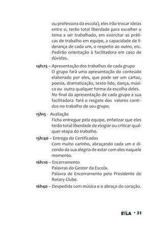 • 31
ou professora da escola), eles irão trocar ideias
entre si, terão total liberdade para escolher o
tema a ser trabalhado, em exercitar as práti-
cas de trabalho em equipe, a capacidade de li-
derança de cada um, o respeito ao outro, etc.
Pedirão orientação à facilitadora em caso de
dúvidas.
14h:15 – Apresentação dos trabalhos de cada grupo
O grupo fará uma apresentação do conteúdo
elaborado por eles, que pode ser um cartaz,
poesia, dramatização, texto lido, dança, músi-
ca ou outra qualquer forma da escolha deles.
No final da apresentação de cada grupo a sua
facilitadora fará o resgate dos valores conti -
dos no trabalho de seu grupo.
15h15 - Avaliação
Ficha entregue pela equipe, enfatizar que eles
terão total liberdade de elogiar ou criticar qual-
quer etapa do trabalho.
15h:40 – Entrega do Certificados
Com muito carinho, abraçando cada um e di-
zendo da sua alegria de estar com eles naquele
momento.
16h:10 – Encerramento
Palavras do Gestor da Escola.
Palavra de Encerramento pelo Presidente do
Rotary Clube.
16h40 – Despedida com música e o abraço do coração.
 