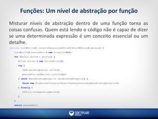 Funções: Um nível de abstração por função
Misturar níveis de abstração dentro de uma função torna as
coisas confusas. Quem está lendo o código não é capaz de dizer
se uma determinada expressão é um conceito essencial ou um
detalhe.
private List<String> convertePessoasJaxbParaXml(List<Pessoa> pessoas) {
List<String> pessoaXmls = new ArrayList<>();
for (Pessoa pessoa : pessoas) {
Writer writer = new StringWriter();
try {
JAXB.marshal(pessoa, writer);
pessoaXmls.add(writer.toString());
} catch (DataBindingException dataBindingException) {
throw new HttpErroAoConverterObjetoJaxbParaConteudo(dataBindingException);
} finally {
IOUtils.closeQuietly(writer);
}
}
return pessoaXmls;
 
