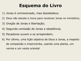 Esquema do Livro
1) Jonas é comissionado, mas desobedece;
2) Deus não desiste e move para recolocar Jonas no ministério;
3) Oração de Jonas e libertação;
4) Segunda comissão de Jonas e obediência;
5) Pecadores ouvem e se arrependem;
6) Por último, uma lição objetiva de Deus a Jonas, a respeito
de compaixão e misericórdia, usando uma planta, um
verme e um vento oriental
 