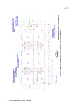 14 MANUAL DE SANEAMENTO E SEGURANÇA AMBIENTAL 
2,915 m² PISO CERÂMICOBANH. BANH. PISO CERÂMICO 2,915 m² VARANDAPISO CIMENTADO 2,94 m² QUARTO 1PISO CIMENTADO 11,505 m² LAVANDERIAPISO CIMENTADO 7,80 m² 6,26 m² PISO CIMENTADOÁREA VARALdistância mínima 1,0 mQUARTO 2PISO CIMENTADO 11,505 m² QUARTO 4PISO CIMENTADO 11,505 m² QUARTO 3PISO CIMENTADO 11,505 m² 2,915 m² PISO CERÂMICOBANH. BANH. PISO CERÂMICO 2,915 m² VARANDAPISO CIMENTADO 2,94 m² QUARTO 5PISO CIMENTADO 11,505 m² QUARTO 7PISO CIMENTADO 11,505 m² QUARTO 6PISO CIMENTADO 11,505 m² QUARTO 8PISO CIMENTADO 11,505 m² 2,915 m² PISO CERÂMICOBANH. BANH. PISO CERÂMICO 2,915 m² 2,915 m² PISO CERÂMICOBANH. BANH. PISO CERÂMICO 2,915 m² VARANDAPISO CIMENTADO 2,94 m² VARANDAPISO CIMENTADO 2,94 m² 6,26 m² PISO CIMENTADOÁREA VARALLocal em boas condições higiênicasCamas com colchões, separadas a uma distância mínimaOs alojamentos devem: - ser separados por sexo. - ter recipientes para coleta de lixo. e água para higienizaçãoArmários individuaisPortas de materiais quemantenham a privacidadede 1 metro, com jogos de cama limpos; e para beliches, limite deNota do autor: Local em condições adequadas paramanutenção, limpeza e higienePLANTA BAIXAsem escala Desenho 6. Modelo de alojamento com capacidade para 32 pessoas (Planta Baixa). Local coberto, ventilado e adequadopara o cuidado de roupas de usopessoalcoletivos, com água limpae em quantidade suficienteTanques individuais ou2 camas na mesma vertical, com espaço mínimo de 110 cmDesenho meramente ilustrativo, passível de alterações. 
Capítulo 1 
__________________________  