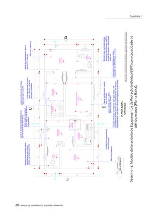 20 MANUAL DE SANEAMENTO E SEGURANÇA AMBIENTAL 
Capítulo 1 
__________________________ 
EC DF 2,22 m² PISO CIMETADOBANH. 2,31 m² PISO CIMENTADOBANH. roupa sujaCesto de 2,37 m² PISO CERÂMICOÁREA DE BANHO 6,01 m² PISO CIMENTADOVARANDA 5,99 m² PISO CIMENTADOVARANDA 4,03 m² PISO CIMENTADOÁREA LIMPA 6,62 m² PISO CIMENTADOÁREA SUJA 9,39 m² PISO CIMENTADOÁREA DE SECAR ROUPA 3,70 m² PISO CIMENTADOLAVANDERIAPLANTA BAIXAsem escalaDesenho 14. Modelo de lavanderia de Equipamentos de Proteção Individual (EPI) com capacidade de até 10 pessoas (Planta Baixa). Área com coberturaTanques individuais ou coletivos, com água limpa e emBanheiro para os trabalhadores,Parede com elemento vazadoÁrea com coberturaEntrada dos trabalhadoresSaída dos trabalhadores após ouso do EPI e banhoLocal onde os trabalhadores fazemLocal para a troca de roupaapós o banho, contendoLocal com chuveiro e com águaarmários individuaishigienizada para o banhoLocal de chegada dos trabalhadorespara a retirada dos EPIs sujosBanheiro a ser utilizado pelostrabalhadores que tiveramacesso a produtos químicoscom EPIs sujosque ainda não utilizaram os EPIsou que já tomaram o banho apóso seu usoLocal coberto para os EPIspara ventilaçãoserem secos à sombraquantidade suficiente, sendo que os EPIs devem ser lavadosa aquisição dos EPIs limpos ou novosCesto onde é depositadoo EPI sujo, o qual é retiradona lavanderiaseparadamente, com sabão neutro e enxaguados várias vezesLavar e rasgar os EPIsLixoantes de descartá-los. Importante: Desenho meramente ilustrativo, passível de alterações.  