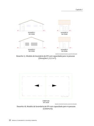22 MANUAL DE SANEAMENTO E SEGURANÇA AMBIENTAL 
Desenho 17. Modelo de lavanderia de EPI com capacidade para 10 pessoas (Elevações C, D, E e F). ELEVAÇÃO Dsem escalaELEVAÇÃO Csem escalaELEVAÇÃO Fsem escalaELEVAÇÃO Esem escalaDesenho meramente ilustrativo, passível de alterações. 
Desenho 18. Modelo de lavanderia de EPI com capacidade para 10 pessoas (Cobertura). COBERTURAsem escalaDesenho meramente ilustrativo, passível de alterações. 
Capítulo 1 
__________________________  