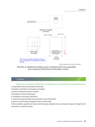 MANUAL DE SANEAMENTO E SEGURANÇA AMBIENTAL 23 
Obs.: Para vaso sanitário, lavatório e chuveiro, máquina de lavar roupaLAVANDERIAPARATanque de lavar roupa e SUMIDOUROTAMPA DE VISITATAMPA DE CONCRETOPEDRA BRITADA 1CALCÁRIO OU CAL VIRGEMCARVÃO VEGETALPEDRA IRREGULARDesenho 19. Modelo de sumidouro para lavanderia de EPI com capacidade para 10 pessoas (Planta Baixa, de Situação e Corte). PLANTA DE SITUAÇÃOsem escalaPLANTA BAIXAsem escalaCORTEsem escalafazer um sumidouro com revestimento de tijolose tampa. Desenho meramente ilustrativo, passível de alterações. 
7. Moradias 
Sempre que o empregador rural fornecer aos trabalhadores moradias familiares, estas deverão possuir: 
a) capacidade dimensionada para uma família; 
b) paredes construídas em alvenaria ou madeira; 
c) pisos de material resistente e lavável; 
d) condições sanitárias adequadas; 
e) ventilação e iluminação suficientes; 
f) cobertura capaz de proporcionar proteção contra intempéries; 
g) poço ou caixa de água protegido contra contaminação; 
h) fossas sépticas, quando não houver rede de esgoto, afastadas da casa e do poço de água, em lugar livre de enchentes e a jusante do poço. 
Capítulo 1 
__________________________  