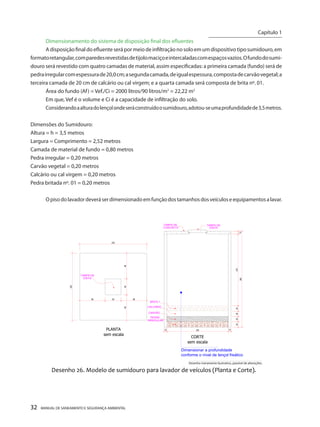 32 MANUAL DE SANEAMENTO E SEGURANÇA AMBIENTAL 
Dimensionamento do sistema de disposição final dos efluentes 
A disposição final do efluente será por meio de infiltração no solo em um dispositivo tipo sumidouro, em formato retangular, com paredes revestidas de tijolo maciço e intercaladas com espaços vazios. O fundo do sumidouro será revestido com quatro camadas de material, assim especificadas: a primeira camada (fundo) será de pedra irregular com espessura de 20,0 cm; a segunda camada, de igual espessura, composta de carvão vegetal; a terceira camada de 20 cm de calcário ou cal virgem; e a quarta camada será composta de brita nº. 01. 
Área do fundo (Af) = Vef./Ci = 2000 litros/90 litros/m2 = 22,22 m2 
Em que, Vef é o volume e Ci é a capacidade de infiltração do solo. 
Considerando a altura do lençol onde será construído o sumidouro, adotou-se uma profundidade de 3,5 metros. 
Dimensões do Sumidouro: 
Altura = h = 3,5 metros 
Largura = Comprimento = 2,52 metros 
Camada de material de fundo = 0,80 metros 
Pedra irregular = 0,20 metros 
Carvão vegetal = 0,20 metros 
Calcário ou cal virgem = 0,20 metros 
Pedra britada nº. 01 = 0,20 metros 
O piso do lavador deverá ser dimensionado em função dos tamanhos dos veículos e equipamentos a lavar. 
2020202027010360 TAMPA DE VISITATAMPA DE CONCRETOBRITA 1CALCÁRIOCARVÃOPEDRAIRREGULAR252 252 966096 966096 TAMPA DE VISITA1025210CORTEsem escalaDesenho 26. Modelo de sumidouro para lavador de veículos (Planta e Corte). PLANTAsem escalaDimensionar a profundidadeconforme o nível de lençol freáticoDesenho meramente ilustrativo, passível de alterações. 
Capítulo 1 
__________________________  