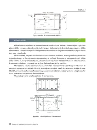 60 MANUAL DE SANEAMENTO E SEGURANÇA AMBIENTAL 
Figura 6. Corte de uma caixa de gordura. 
4.2 Fossa séptica 
A fossa séptica é uma forma de tratamento a nível primário, isto é, remove a matéria orgânica que compõe os sólidos em suspensão sedimentáveis. Os tanques são basicamente decantadores, em que, os sólidos sedimentáveis são removidos para o fundo, permanecendo nestes um longo e suficiente tempo (alguns meses) para a sua estabilização. 
Nestas unidades, o esgoto sanitário sofre a ação das bactérias anaeróbias, microorganismos que só atuam onde não circula o ar. Durante o processo, depositam-se, no fundo do tanque, as partículas minerais sólidas (lodo) e forma-se, na superfície do líquido, uma camada de espuma ou crosta constituída de substâncias mais leves que contribui para evitar a circulação do ar, facilitando a ação das bactérias. 
A fossa séptica é a unidade mais indicada para realizar esse tratamento nas instalações individuais de pequena capacidade. Esta unidade é de fácil construção e operação. A sua eficiência de remoção pode alcançar 60 a 70%, entretanto o efluente da fossa séptica pode conter elevado número de organismos patogênicos. Por isso o tratamento complementar é recomendável. 
A Figura 7 apresenta uma fossa séptica de câmara única. 
d’água 
(medidas em cm) 
Figura 7. Fossa séptica de câmara única. 
Capítulo 2 
__________________________  
