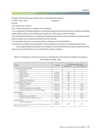 MANUAL DE SANEAMENTO E SEGURANÇA AMBIENTAL 61 
t 
4.2.1 Dimensionamento 
O volume útil total do tanque séptico deve ser calculado pela equação 1. 
V=1000 + N(CT + KLf) (equação 1) 
Em que, 
V é o volume útil, em litros; 
N é o numero de pessoas ou unidades de contribuição; 
C é a contribuição de despejos líquidos. Em geral para habitantes permanentes de uma residência de padrão médio pode-se adotar uma contribuição de esgoto de 130 litros/dia, conforme Tabela 4; 
Lf é a contribuição de lodo fresco. Em geral para habitantes permanentes de uma residência de padrão médio pode-se adotar uma contribuição de lodo fresco de 1litro/dia.; 
T é o período de detenção, em dias que pode ser adotado em função da Tabela 5; 
K é a taxa de acumulação de lodo digerido em dias, equivalente ao tempo de acumulação de lodo fresco. 
Para a região de Mato Grosso, pode-se considerar um intervalo de limpeza de 2 anos, temperatura ambiente no mês mais frio de 20°C, tem-se K de 97 dias, conforme Tabela 6. 
Tabela 4. Contribuições unitárias de esgotos (C) e de lodo fresco (Lf) por tipo de prédio e de ocupante. 
Fonte: NBR7229 (ABNT, 1993). 
Capítulo 2 
__________________________  