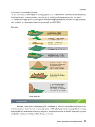 MANUAL DE SANEAMENTO E SEGURANÇA AMBIENTAL 73 
(cem metros) em projeção horizontal. 
• 1o Nas áreas urbanas, definidas por lei municipal, observar-se-á o disposto nos respectivos planos diretores ou leis de uso do solo; na ausência desta, respeitar-se-á os princípios e limites a que se refere este artigo. 
• 2o A proteção da vegetação nas áreas alagáveis do Pantanal do Estado de Mato Grosso, nas faixas que ultrapas sam as citadas no caput deste artigo, será normatizada pelo CONSEMA.” 
Exemplo: 
Fonte: SEMA/MT. 
5. Importante!!! 
As matas ciliares atuam como barreira física, regulando os processos de troca entre os sistemas terrestres e aquáticos, desenvolvendo condições propícias à infiltração. Sua presença reduz significativamente a possibilidade de contaminação dos cursos d’água por sedimentos, resíduos de adubos, defensivos agrícolas, conduzidos pelo escoamento superficial da água no terreno. 
Capítulo 3 
__________________________  