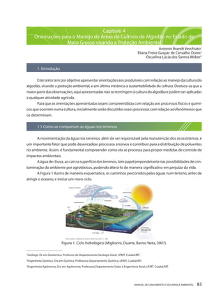 MANUAL DE SANEAMENTO E SEGURANÇA AMBIENTAL 83 
Capítulo 4 
Orientações para o Manejo de Áreas de Cultivos de Algodão no Estado de Mato Grosso visando a Proteção Ambiental 
Antonio Brandt Vecchiato1 
Eliana Freire Gaspar de Carvalho Dores2 
Oscarlina Lúcia dos Santos Weber3 
1. Introdução 
Este texto tem por objetivo apresentar orientações aos produtores com relação ao manejo da cultura do algodão, visando a proteção ambiental, e em última instância a sustentabilidade da cultura. Destaca-se que a maior parte das observações, aqui apresentadas não se restringem à cultura do algodão e podem ser aplicadas a qualquer atividade agrícola. 
Para que as orientações apresentadas sejam compreendidas com relação aos processos físicos e químicos que ocorrem numa cultura, inicialmente serão discutidos esses processos com relação aos fenômenos que os determinam. 
1.1 Como se comportam as águas nos terrenos 
A movimentação da água nos terrenos, além de ser responsável pela manutenção dos ecossistemas, é um importante fator que pode desencadear processos erosivos e contribuir para a distribuição de poluentes no ambiente. Assim, é fundamental compreender como ela se processa para propor medidas de controle de impactos ambientais. 
A água de chuva, ao cair na superfície dos terrenos, tem papel preponderante nas possibilidades de contaminação do ambiente por agrotóxicos, podendo alterá-lo de maneira significativa em prejuízo da vida. 
A Figura 1 ilustra de maneira esquemática, os caminhos percorridos pelas águas num terreno, antes de atingir o oceano, e iniciar um novo ciclo. 
Figura 1. Ciclo hidrológico (Migliorini, Duarte, Barros Neta, 2007). 
________________________ 
1Geólogo, Dr em Geotécnica. Professor do Departamento Geologia Geral, UFMT, Cuiabá/MT. 
2Engenheira Química, Dra em Química. Professora Departamento Química, UFMT, Cuiabá/MT. 
3Engenheira Agrônoma, Dra em Agrônomia. Professora Departamento Solos e Engenharia Rural, UFMT, Cuiabá/MT.  