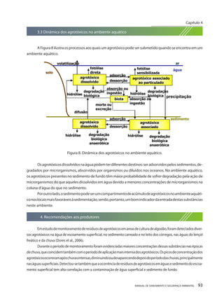 MANUAL DE SANEAMENTO E SEGURANÇA AMBIENTAL 93 
3.3 Dinâmica dos agrotóxicos no ambiente aquático 
A Figura 8 ilustra os processos aos quais um agrotóxico pode ser submetido quando se encontra em um ambiente aquático. 
precipitação sedimento água solo ar difusão volatilização fotólise direta fotólise sensibilizada hidrólise hidrólise hidrólise hidrólise degradação biológica degradação biológica anaeróbica degradação biológica degradação biológica anaeróbica absorção ou ingestão absorção ou ingestão adsorção dessorção agrotóxico dissolvido agrotóxico associado ao particulado adsorção dessorção agrotóxico dissolvido agrotóxico associado biota morte ou excreção 
Figura 8. Dinâmica dos agrotóxicos no ambiente aquático. 
Os agrotóxicos dissolvidos na água podem ter diferentes destinos: ser adsorvidos pelos sedimentos, degradados por microrganismos, absorvidos por organismos ou diluídos nos oceanos. No ambiente aquático, os agrotóxicos presentes no sedimento de fundo têm maior probabilidade de sofrer degradação pela ação de microrganismos do que aqueles dissolvidos em água devido a menores concentrações de microrganismos na coluna d’água do que no sedimento. 
Por outro lado, o sedimento pode ser um compartimento de acúmulo de agrotóxicos no ambiente aquático nos locais mais favoráveis à sedimentação, sendo, portanto, um bom indicador da entrada destas substâncias neste ambiente. 4. Recomendações aos produtores 
Em estudo de monitoramento de resíduos de agrotóxicos em áreas de cultura de algodão, foram detectados diversos agrotóxicos na água de escoamento superficial, no sedimento carreado e no leito dos córregos, nas águas do lençol freático e da chuva (Dores et al., 2006). 
Durante o período de monitoramento foram evidenciadas maiores concentrações dessas substâncias nas épocas de chuva, que coincidem também com o período de aplicação mais intensa dos agrotóxicos. Os picos de concentração dos agrotóxicos ocorreram após chuvas intensas, diminuindo ou desaparecendo depois do período das chuvas, principalmente nas águas superficiais. Detectou-se também que a ocorrência de resíduos de agrotóxicos em águas e sedimento do escoamento superficial tem alta correlação com a contaminação de água superficial e sedimento de fundo. 
Capítulo 4 
__________________________  