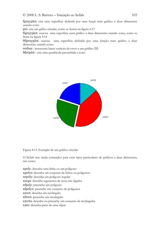 © 2008 L. S. Barreto – Iniciação ao Scilab                                        103
fgrayplot: cria uma superfície definida por uma funçã num gráfico a duas dimensões
usando cores
pie: cria um gáfico circular, como se ilustra na figura 4.13
Sgrayplot: suaviza uma superfície num gráfico a duas dimensões usando cores, como se
ilutra na figura 4.14
Sfgrayplot: suaviza uma superfície definida por uma função num gráfico a duas
dimensões usando cores.
errbar : acrescenta baras verticais de erros a um gráfico 2D
Matplot : cria uma quadricula preenchida a cores




                                                   parte4
                                 parte1




                                                            parte3
                        parte2




Figura 4.13. Exemplo de um gráfico circular

O Scilab tem ainda comandos para criar tipos particulares de gráficos a duas dimensões,
tais como:

xpoly: desenha uma linha ou um polígono
xpolys: desenha um conjunto de linhas ou polígonos
xrpoly: desenha um polígono regular
xsegs: desenha segmentos de recta não ligados
xfpoly: preenche um polígono
xfpolys: preenche um conjunto de polígonos
xrect: desenha um rectângulo
xfrect: preenche um rectângulo
xrects: desenha ou preenche um conjunto de rectângulos
xarc: desenha parte de uma elipse
 