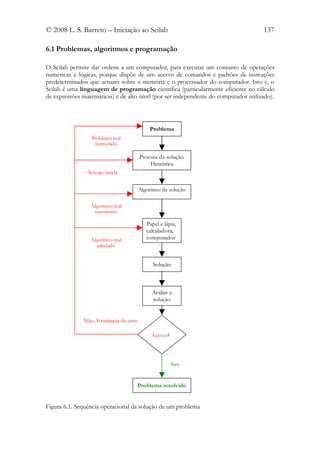 © 2008 L. S. Barreto – Iniciação ao Scilab                                           137

6.1 Problemas, algoritmos e programação

O Scilab permite dar ordens a um computador, para executar um conjunto de operações
numéricas e lógicas, porque dispõe de um acervo de comandos e padrões de instruções
predeterminados que actuam sobre a memória e o processador do computador. Isto é, o
Scilab é uma linguagem de programação científica (particularmente eficiente no cálculo
de expressões matemáticas) e de alto nível (por ser independente do computador utilizado).




                                            Problema
                  Problema mal
                   formulado

                                        Procura da solução.
                                            Heurística
                Solução errada


                                        Algoritmo da solução

                 Algoritmo mal
                   construído

                                           Papel e lápis,
                                           calculadora,
                 Algoritmo mal             computador
                    calculado


                                              Solução



                                             Avaliar a
                                             solução


              Não. Existência de erro

                                             Aceitar?



                                                        Sim


                                    Problema resolvido


Figura 6.1. Sequência operacional da solução de um problema
 