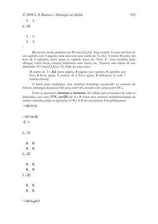 © 2008 L. S. Barreto – Iniciação ao Scilab                                                153
     1.     1.
(:,:,3)


     1.     1.
     1.     1.
:
        Do mesmo modo, podemos ter M=ones(2,2,3,4). Veja a matriz A como um livro de
um capítulo, com 3 páginas, cada uma com uma matriz de 1's, 2x2. A matriz M como um
livro de 4 capítulos, todos iguais ao capítulo único do “livro A”. Esta metáfora pode
albergar, vários livros, estantes, bibliotecas num bairro, etc.. Vejamos uma matriz de sete
dimensões: N=ones(2,2,4,5,6,7,3). Pode ser vista como:
          [1 matriz de 1´s 2x2 numa página, 4 páginas por capítulo, 5 capítulos por
          livro, 6 livros iguais, 7 estantes de 6 livros iguais, 3 bibliotecas só com 7
          estantes destas]
        O leitor tente estabelecer uma metáfora homóloga recorrendo ao conceito de
ficheiro, hierarquia de pastas, CD, caixa com Cd's, armário com caixas com CD´s...
      Todas as operações, elemento a elemento, são válidas para as matrizes de todas as
dimensões, tais como 5*N, cos(M). Se A e B forem duas matrizes multidimensionais do
mesmo tamanho, então as operações A+B e A-B são executáveis. Exemplifiquemos:
-->B=5*A;


-->C=A+B
    C =


(:,:,1)


     6.     6.
     6.     6.
(:,:,2)


     6.     6.
     6.     6.
(:,:,3)


     6.     6.
     6.     6.


-->D=log(C)
 