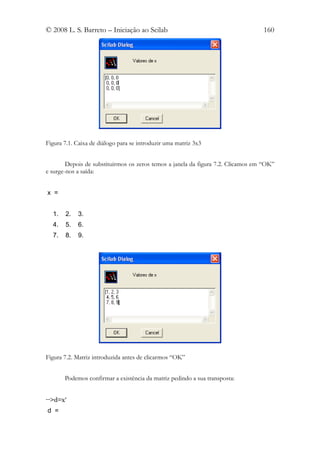 © 2008 L. S. Barreto – Iniciação ao Scilab                                        160




Figura 7.1. Caixa de diálogo para se introduzir uma matriz 3x3


        Depois de substituirmos os zeros temos a janela da figura 7.2. Clicamos em “OK”
e surge-nos a saída:


x =


  1.   2.   3.
  4.   5.   6.
  7.   8.   9.




Figura 7.2. Matriz introduzida antes de clicarmos “OK”


       Podemos confirmar a existência da matriz pedindo a sua transposta:


-->d=x'
d =
 